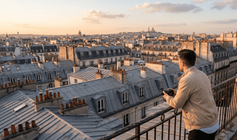 Homme sur les toits de paris, profitant d'une activité insolite grâce à Kopster